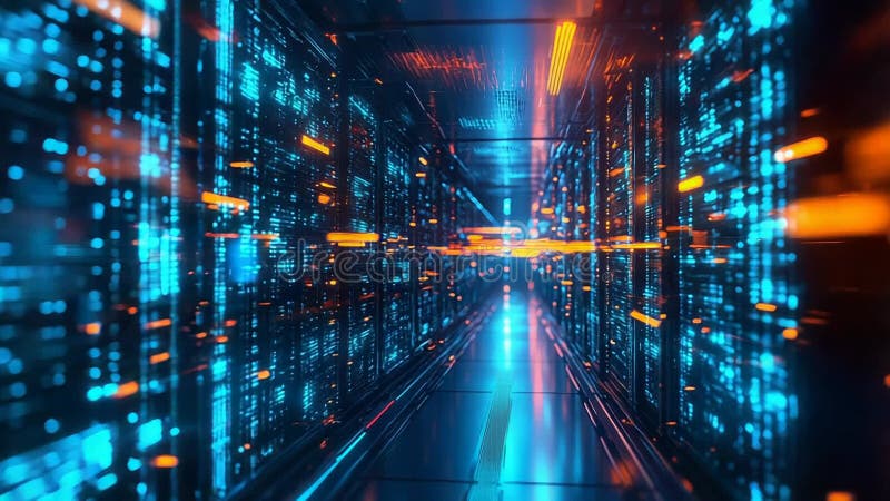 Серверные стойки, представляющие поток информации в центре обработки данных иллюстрация вектора
