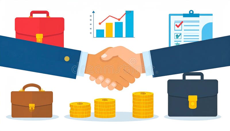 两名商务人士握手，象征着一项商业交易，周围环绕着公文包、硬币、条形图和检查清单，描绘了成功和财务增长。 库存例证