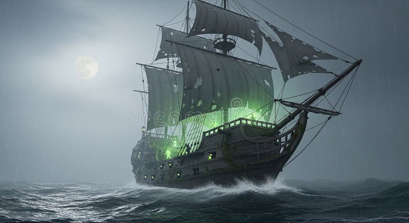 Призрачный корабль, плывущий в лунном свете бесплатная иллюстрация