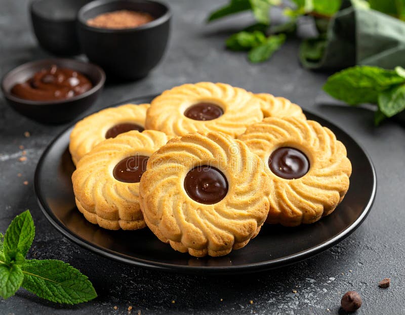 美味、黄油味十足的饼干,中心是浓稠的巧克力,适合拍摄温暖新鲜的照片 向量例证