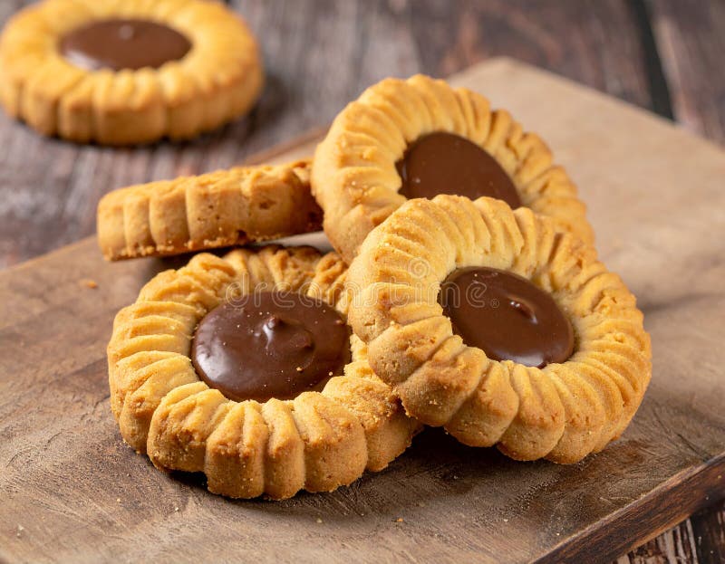 美味、黄油味十足的饼干，中心是浓稠的巧克力，适合拍摄温暖新鲜的照片 向量例证