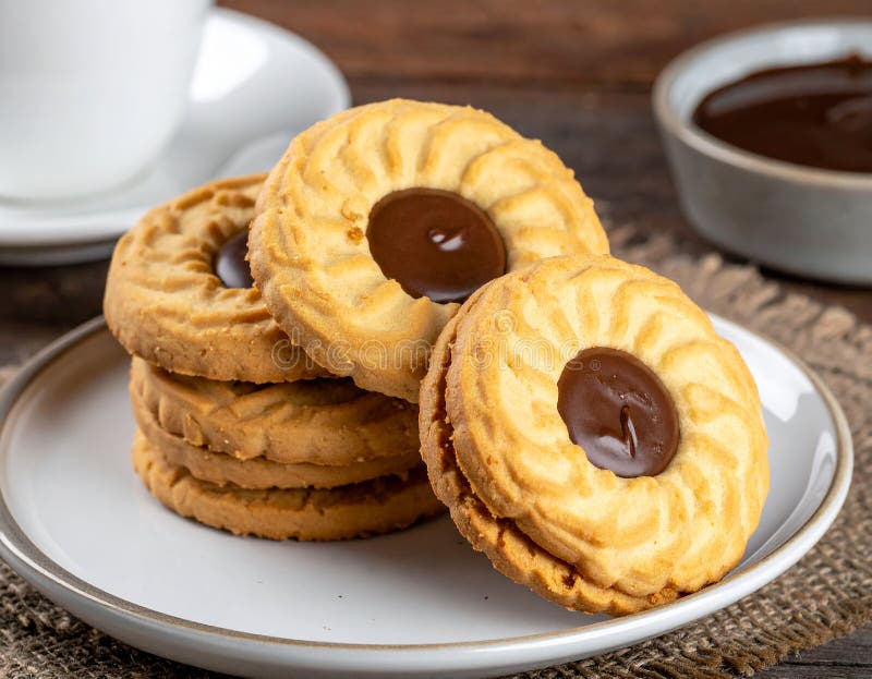 美味、黄油味十足的饼干，中心是浓稠的巧克力，适合拍摄温暖新鲜的照片 库存例证