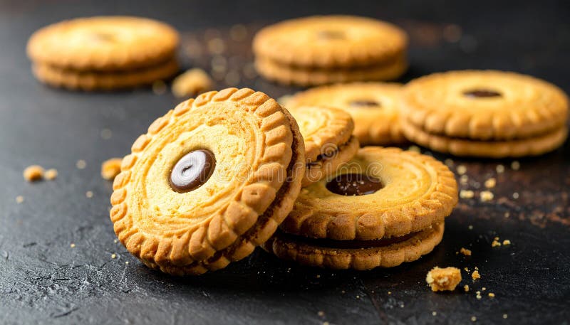 美味、黄油味十足的饼干，中心是浓稠的巧克力，适合拍摄温暖新鲜的照片 库存例证
