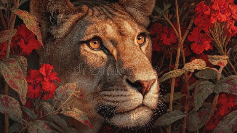 红罂粟日落时分的狮女肖像。艺术概念 免版税库存图片