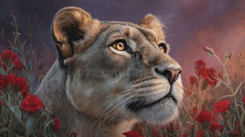 红罂粟日落时分的狮女肖像。艺术概念 库存照片