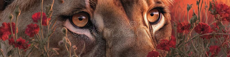 红罂粟日落时分的母狮肖像。艺术概念 免版税库存图片