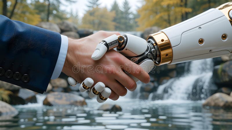 机器人与人类在宁静的自然环境中握手 库存例证