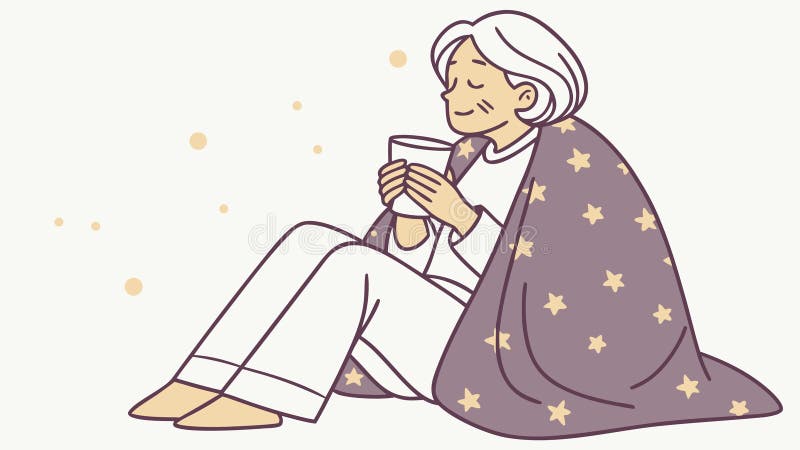 Пожилая женщина, укутанная в одеяло, наслаждается теплым напитком, векторный дизайн, сгенерированный ИИ иллюстрация вектора