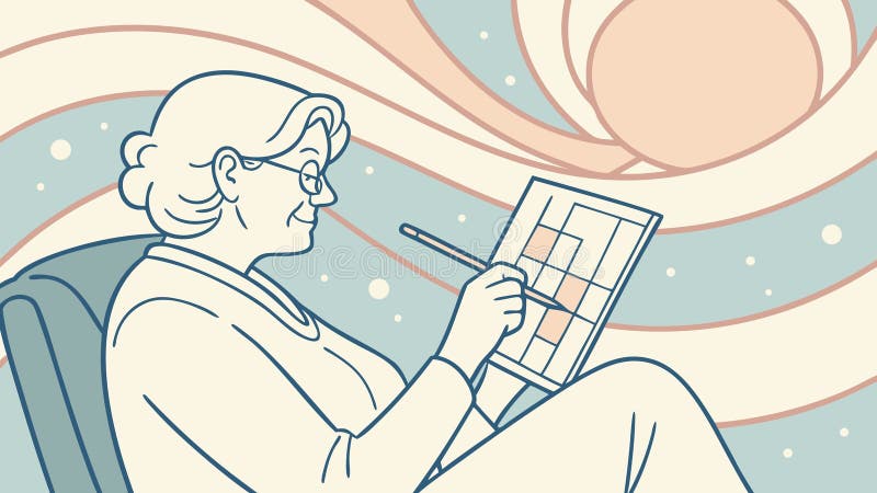 Пожилая женщина, пишущая на ноутбуке, творческие занятия для пожилых людей, векторный дизайн, генеративный ИИ иллюстрация штока