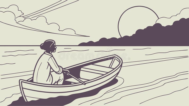 Человек в гребной лодке на тихом озере на закате, мирное уединение, векторный дизайн, генеративный ИИ иллюстрация штока