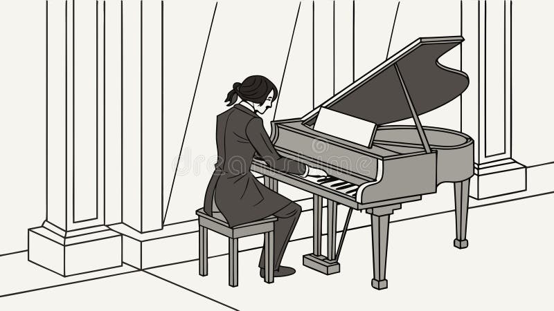 Элегантная женщина, играющая на рояле, исполнение классической музыки, векторный дизайн Генеративный ИИ иллюстрация штока