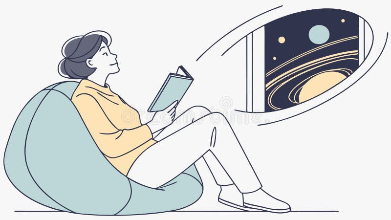 Человек читает о космосе в кресле-мешке, Обучение, векторный дизайн Генеративный ИИ иллюстрация штока