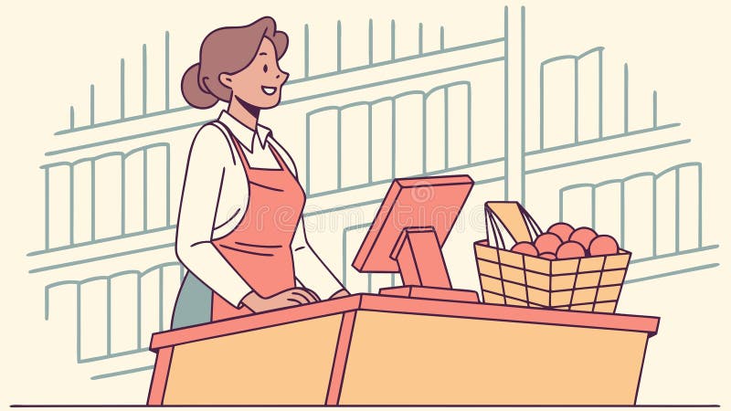 Женщина, работающая на кассе в продуктовом магазине, розничное обслуживание, векторный дизайн, генеративный ИИ иллюстрация штока