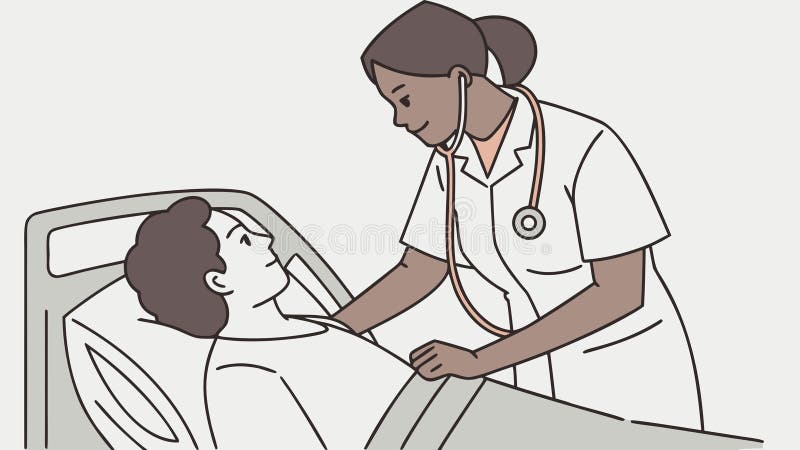 Врач осматривает пациента в больничной койке, профессиональный уход, векторный дизайн, генеративный ИИ иллюстрация вектора