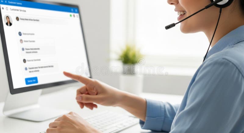 Μια χαμογελαστή γυναίκα εκπρόσωπος εξυπηρέτησης πελατών που δείχνει μια οθόνη υποστήριξης διαδικτυακής συνομιλίας διανυσματική απεικόνιση
