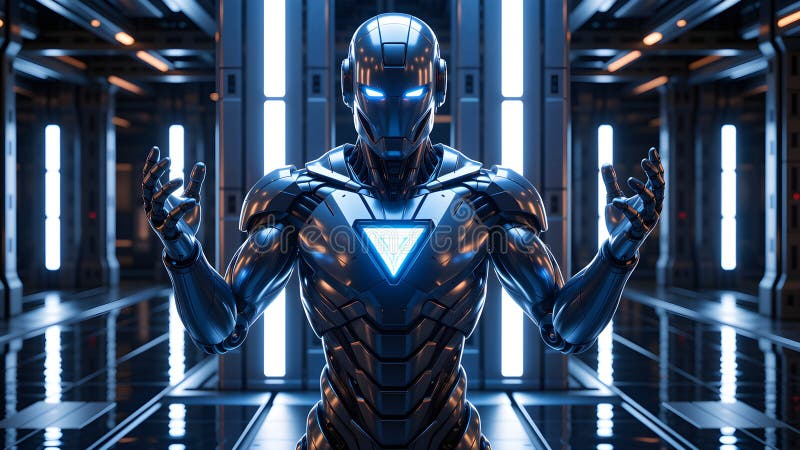 赛博守卫：霓虹未来主义走廊中的光照守护者 向量例证