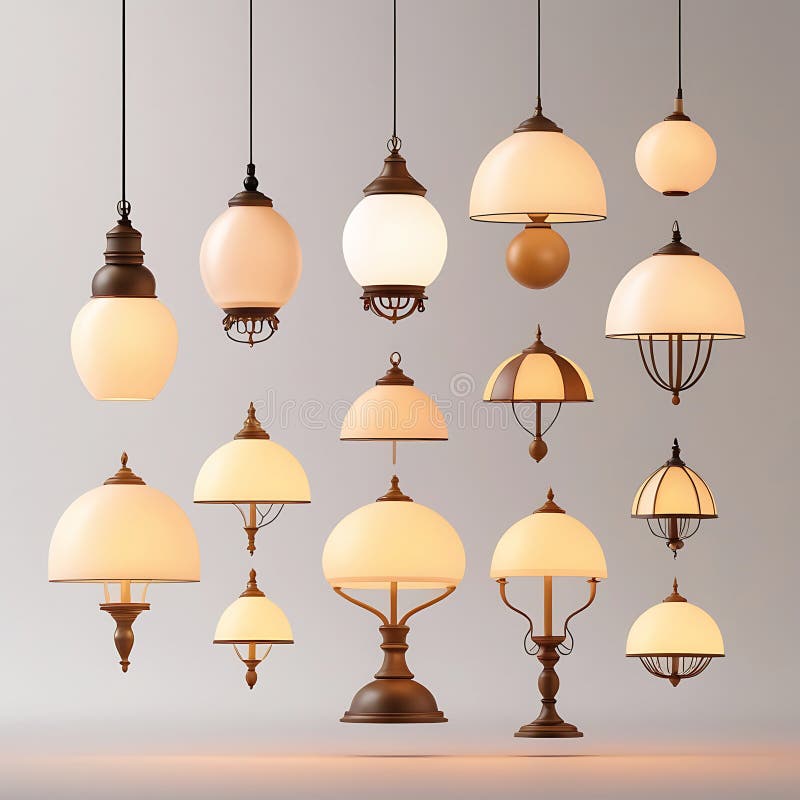 复古和现代吊灯及台灯系列，带有漂浮照片 向量例证