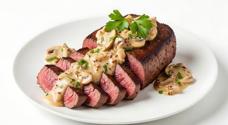 切片西冷牛排，配以奶油蘑菇酱和香草，在白色盘子上精美呈现 向量例证