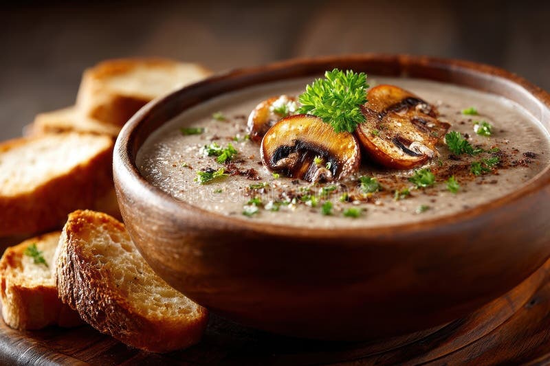 奶油蘑菇汤配烤面包 向量例证