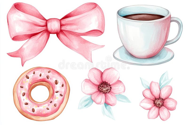 甜点店和咖啡的甜蜜元素以水彩形式呈现，展示了甜甜圈、鲜花、纸杯蛋糕和饼干 库存图片