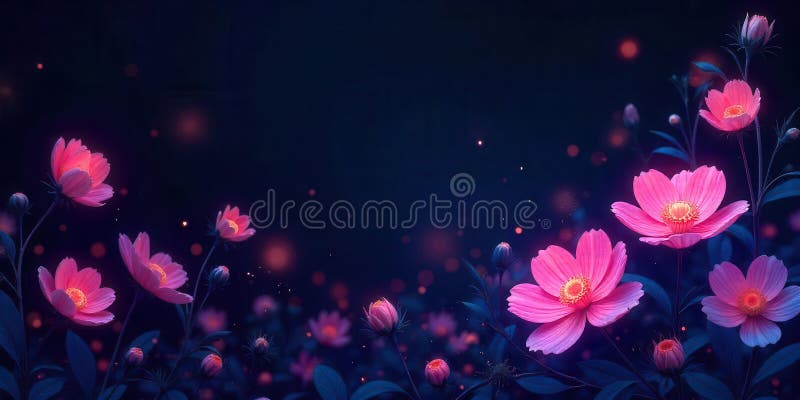 迷人的粉色宇宙花在夜间绽放，在黑暗的花园中被神秘的萤火虫照亮。生成式人工智能 库存例证