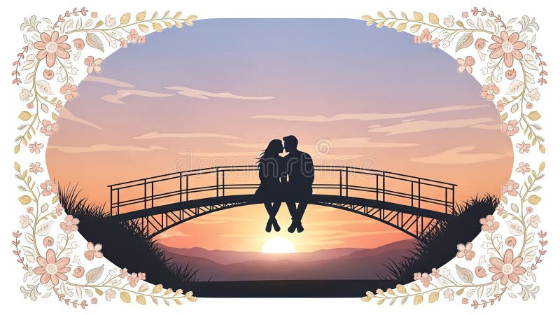 로맨틱한 커플이 일몰 동안 다리에 앉아 있다 벡터 일러스트