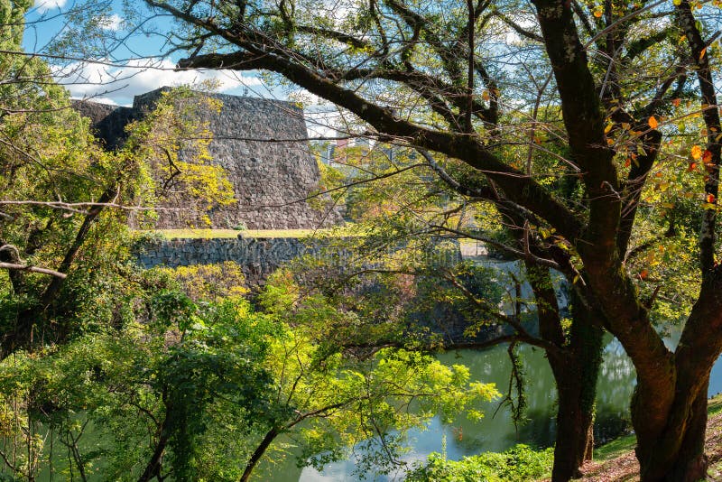 日本熊本城石墙和护城河，以及绿色的森林 免版税库存照片