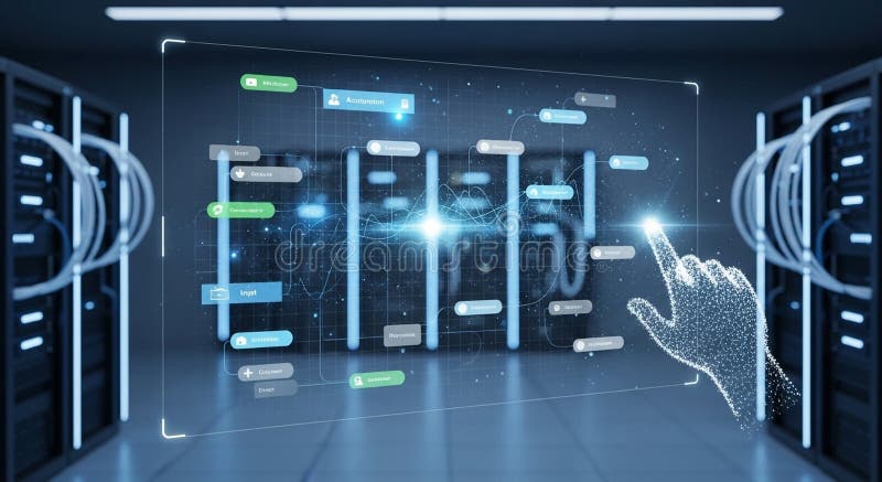 Цифровая рука, касающаяся голографического интерфейса в серверной комнате с узлами сети данных и синими огнями бесплатная иллюстрация