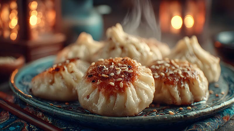 Горячие китайские пельмени с кунжутом на декоративной тарелке для кулинарной фотографии, сгенерированной ИИ стоковая фотография