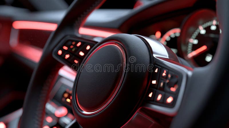 Современный роскошный салон автомобиля с подсветкой руля. Создано ИИ бесплатная иллюстрация
