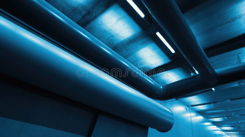 Промышленные трубы вдоль потолка с синим светом стоковые фотографии rf