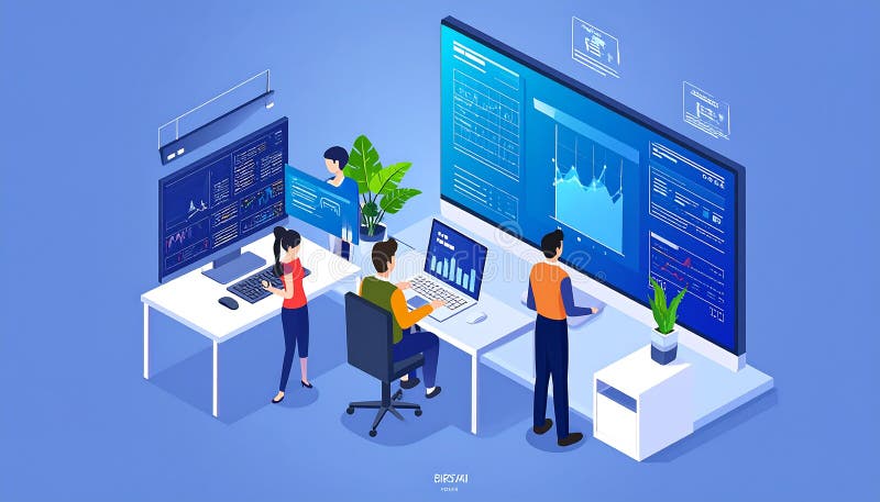 Команда, работающая над анализом данных на компьютерах, технологии, финансы, программирование бесплатная иллюстрация