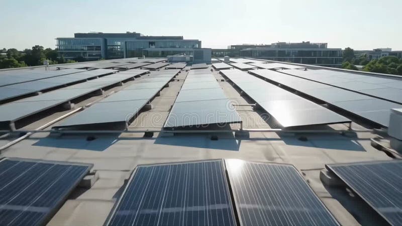 Σύγχρονο οικολογικό κτίριο γραφείων με ηλιακά πάνελ στην οροφή και δέντρα. απεικόνιση αποθεμάτων