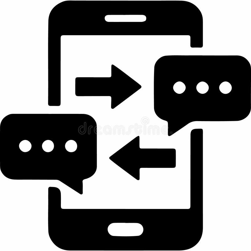 Иконка смартфона с текстовыми облаками и стрелками, символизирующими мобильные сообщения и обмен данными иллюстрация штока