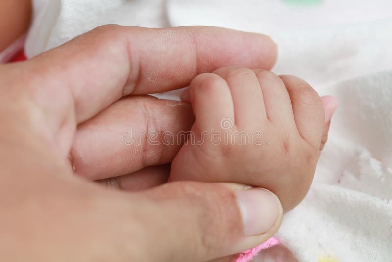 Κινηματογράφηση σε πρώτο πλάνο του δάχτυλου του πατέρα εκμετάλλευσης χεριών μωρών στο άσπρο υπόβαθρο στοκ φωτογραφία