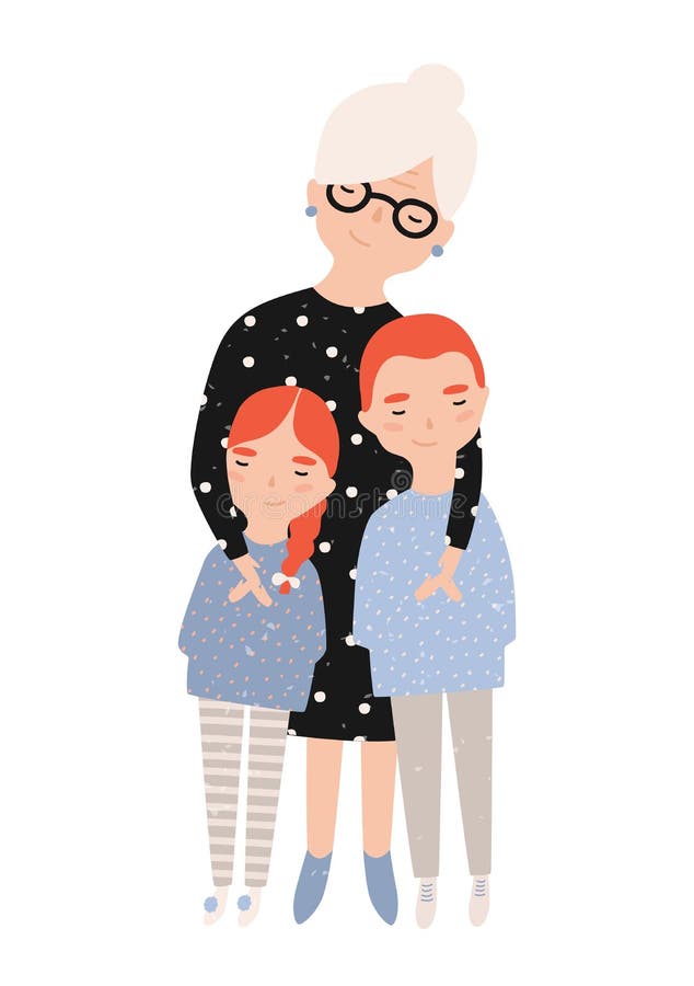 Nonna sorridente sveglia che stringe a sé il suoi nipote e nipote Ritratto della nonna e dei nipoti Fumetto adorabile illustrazione di stock