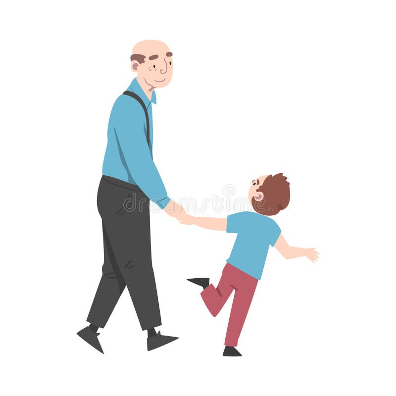 Nonno e nipote passano del tempo passato insieme ai nonni che camminano con il vettore di stile vignetta del nipote illustrazione di stock