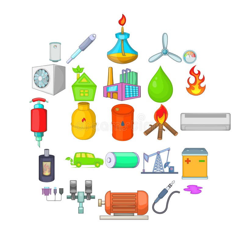 Nonrenewable energy icons set, cartoon style