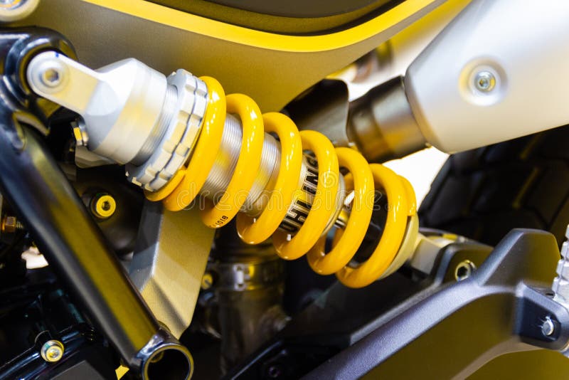 Nonthaburi Thailand:- Nov 30, 2018: yellow Shock Absorbers royalty free stock photography Nonthaburi Thailand:- Nov 30, 2018: yellow Shock Absorbers royalty free stock photography