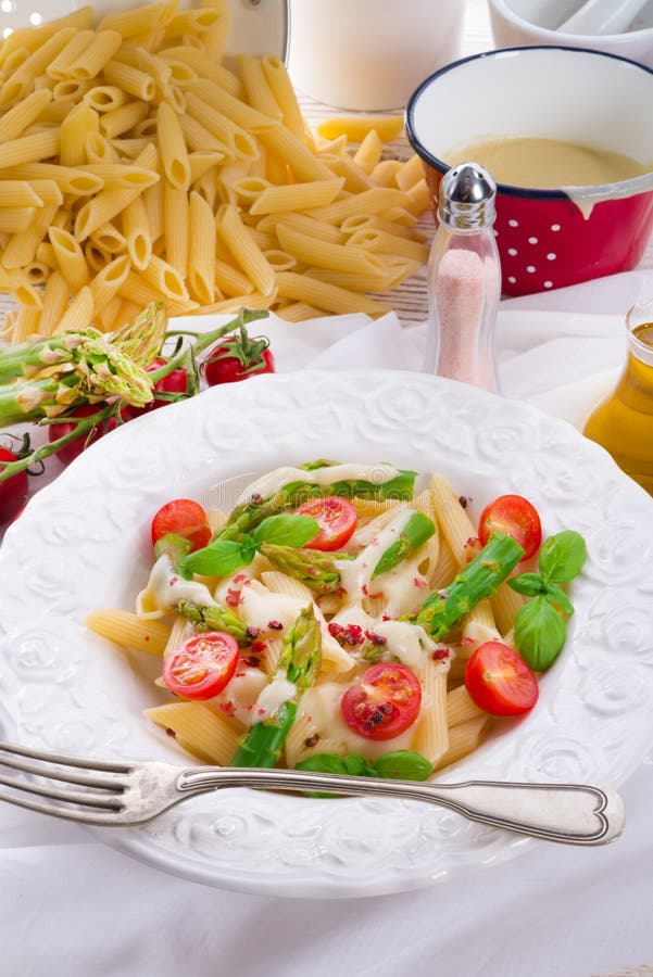 Noodles with Asparagus in Creamcheese Sauce Stock Photo Image of