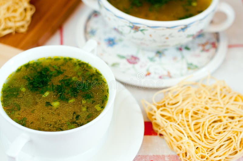 Noodles in chicken broth stock photo. Image of meat, broth 27406972