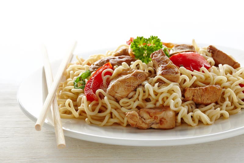 Wok Noodles with Chicken and Stewed Sweet Pepper Stock Photo Image of
