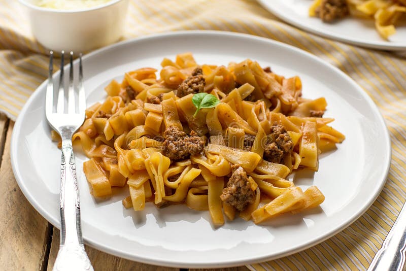 Noodles Pasta with Ground Beef and Tomato Stock Photo Image of cheese