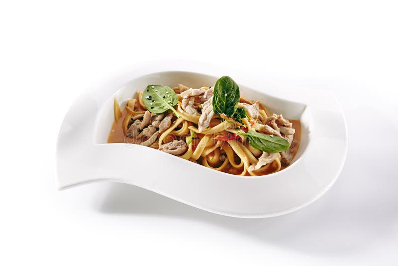 Noodles, Pasta or Yakisoba with Meat, Vegetables and Greens