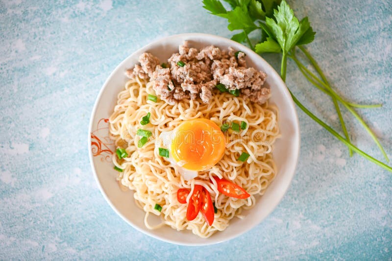 Noodles Plate With Egg Minced Pork Vegetable Spring Onion Celery And ...