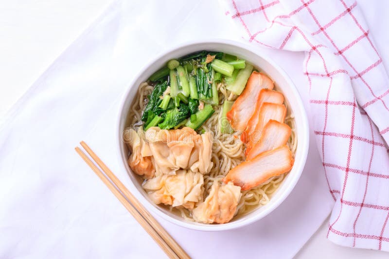 Noodles Soup with Wonton Dumpling and Grilled Red Pork Stock Image