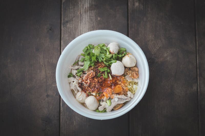 Noodles In A Styrofoam Cup On Wood Background,selective Focus. Stock
