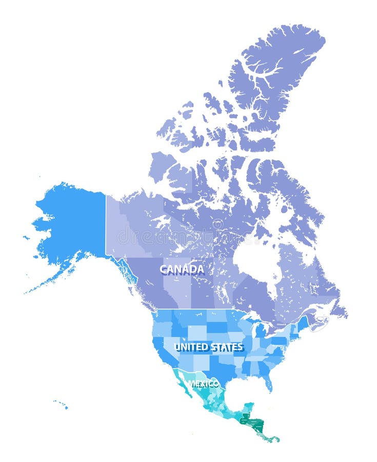Noord-Amerika detailleerde hoog vectorkaart met de grenzen van staten van Canada, de V.S. en Mexico
