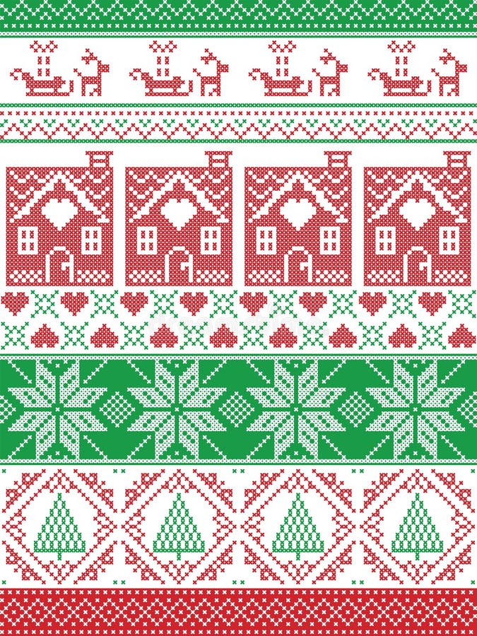 Seamless Scandinavian Textile style, inspired by Norwegian Christmas, festive winter seamless pattern in cross stitch with gingerbread house, Christmas tree, heart, reindeer, sleigh in red, green. Seamless Scandinavian Textile style, inspired by Norwegian Christmas, festive winter seamless pattern in cross stitch with gingerbread house, Christmas tree, heart, reindeer, sleigh in red, green