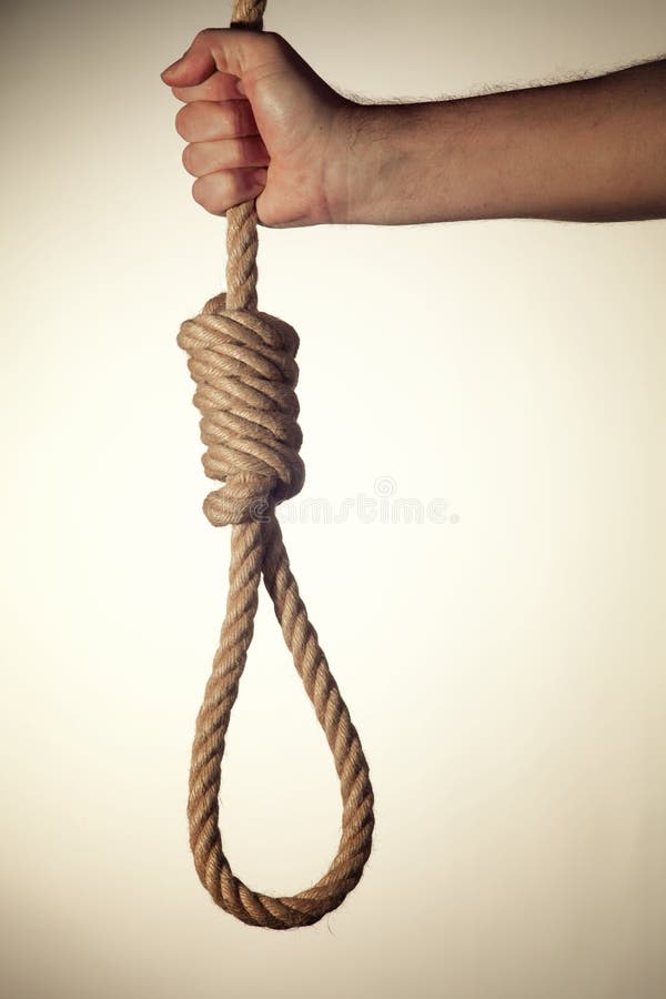 Rope noose with knot on white background, top view - Stock Image